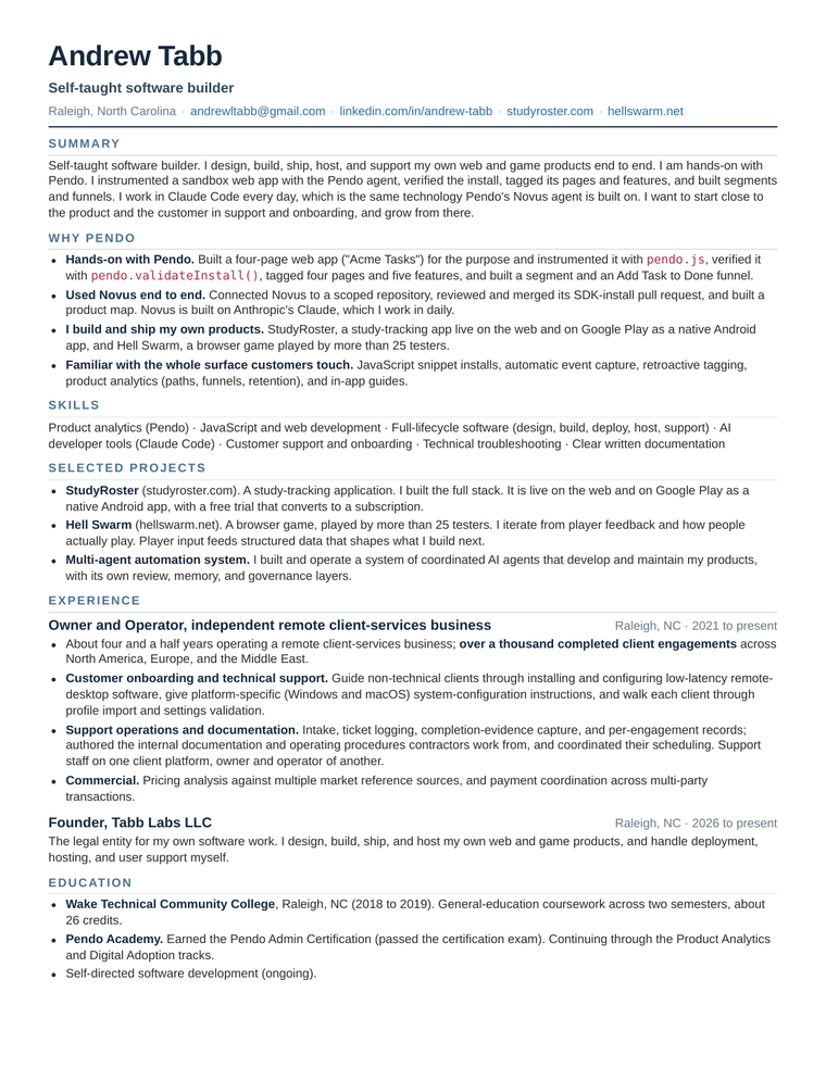 Page one of Andrew Tabb's resume